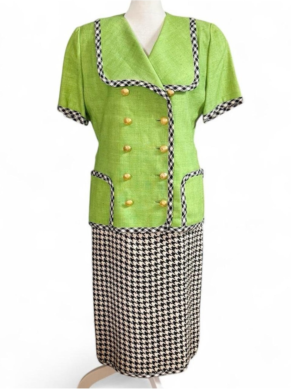 Vintage 80s Helga Linen Blend Green Houndstooth Dress Women’s M/L